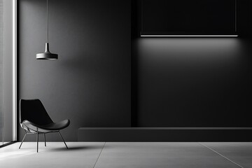 Modern minimalist interior featuring a sleek black chair and ambient lighting in a spacious room