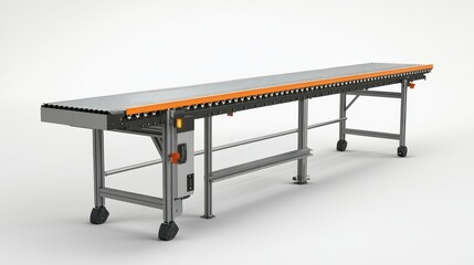 Gray metal roller conveyor system on wheels. Ideal for showcasing automated industrial processes.