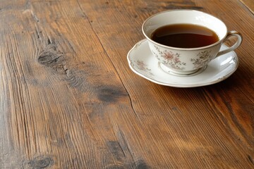 Obraz premium Elegant Tea Cup with Saucer and Dark Liquid on Rustic Wooden Table Surface