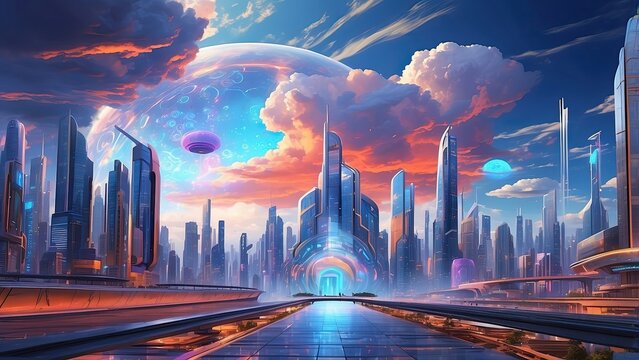 A digital illustration featuring a neon-lit cityscape with glowing lines forming a grid pattern.