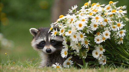Fototapeta premium A raccoon on the lawn peeks out from behind a large bouquet of daisies.
