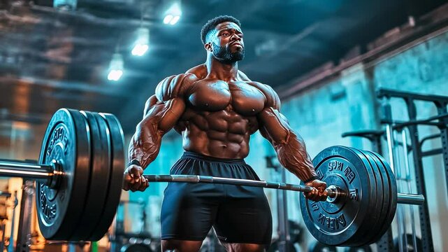 Muscular man lifting weights in gym, intense workout. Bodybuilder performs heavy deadlift, focused. Athlete training intensely, strength building. Gym environment, determination showcased.