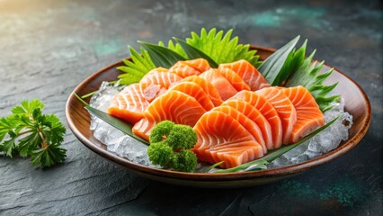 fresh raw salmon sashimi plate, sushi ingredient, fish on plate,  sushi ingredient