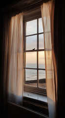 Serene coastal sunset viewed through a softly draped window, capturing tranquility and nature?s beauty