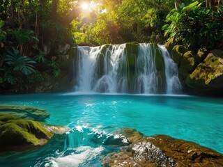 Tropical Paradise Waterfall: Sunbeams illuminate a pristine turquoise pool at the base of a lush waterfall cascading through a vibrant tropical rainforest.