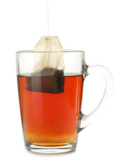 Cup with teabag isolated on white. Brewing aromatic tea