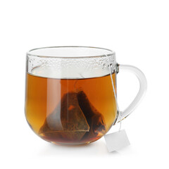 Cup with tea bag isolated on white