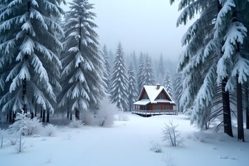 A snowy forest with frost-covered pine trees and a cozy wooden cabin in the distance.
