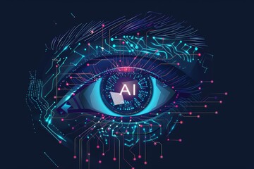 Un occhio umano con la pupilla che si trasforma in una rete di circuiti elettronici, con il simbolo Ai al centro dell'occhio