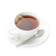 Tea bag in cup with hot drink isolated on white