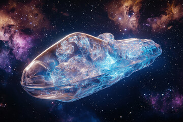 Obraz premium Futuristic crystalline spaceship floating in deep space with nebula reflections
