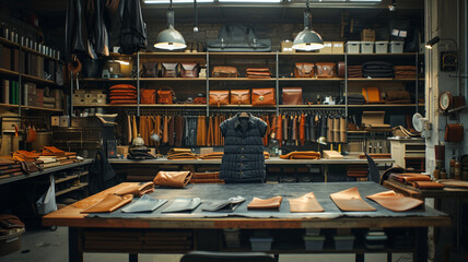 A leather goods production workshop where artisans craft bags, wallets, and shoes from high-quality leather. Hand-stitching and precise cutting showcase the craftsmanship and durability 