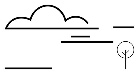 Curved cloud, simple tree, and linear elements create a minimalist landscape. Ideal for nature concepts, tranquility, balance, design simplicity, abstract art, logos line art flat metaphor