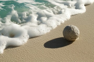 Obraz premium Single Round Rock on Sandy Beach with Gentle Waves and Foam in Bright Natural Light