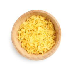 Fresh lemon zest in bowl isolated on white, top view