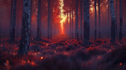 Enchanted Sunset Forest: A Pathway of Light and Mystery