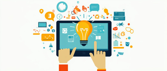 Interactive touch screen displaying creative ideas and digital elements, symbolizing innovation and technology. Engaging visuals represent communication and information sharing