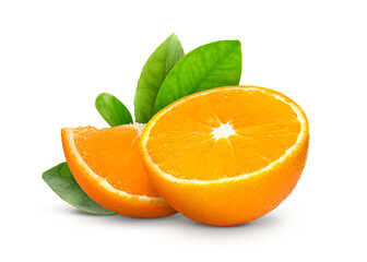 Fresh juicy orange and green leaves isolated on white. Citrus fruit