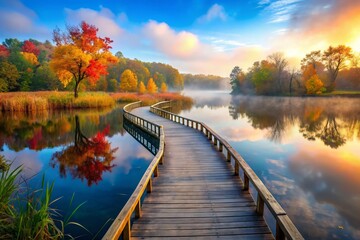 Scenic Wood Lake Boardwalk, Richfield Minnesota Nature Preserve - Calm Autumn Landscape