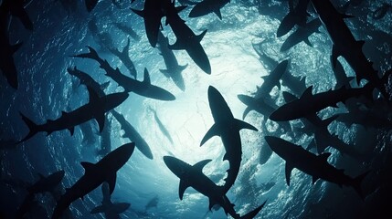 A multitude of sharks swim overhead, silhouettes dark against the bright blue light filtered through water surface