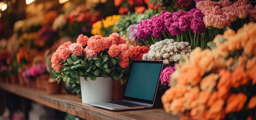 A laptop with a blank screen on a table against the background of indoor flowers in pots. Flower shop. Online orders.