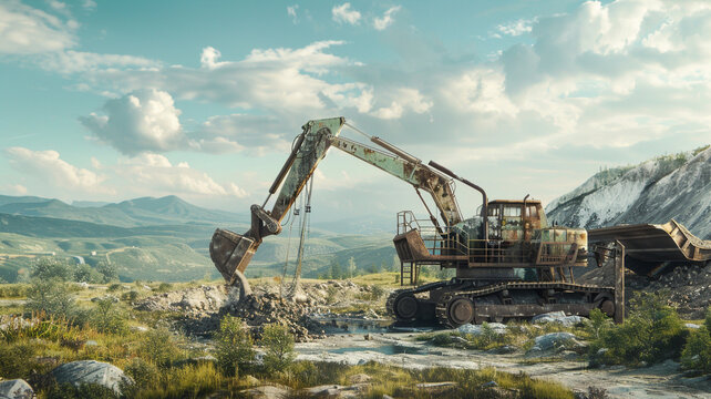 A colossal dragline excavator dominates the site, its enormous bucket smoothly transferring earth into a designated dump zone with precision and efficiency.