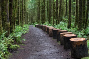 Fototapeta premium Scenic Pathway Through Lush Forest With Stumps Alongside Serene Trail in Nature