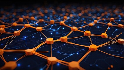 Abstract representation of a network depicted with interconnected orange human icons on a dark blue background
