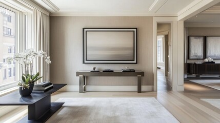 Fototapeta premium A modern, minimalist entryway features neutral tones, contemporary furniture, and elegant decor
