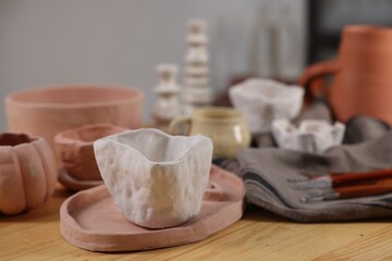Hobby and craft. Different beautiful pottery on wooden table indoors, closeup