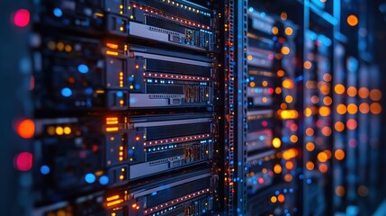 Naklejka premium Intricate Close-Up View of a High-Tech Data Center Featuring Illuminated Server Racks with Multiple Colors, Showcasing the Heart of Modern Computing Infrastructure.
