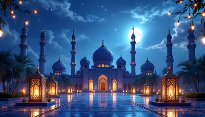 Stunning Mosque Night Scene Ramadan Wallpaper