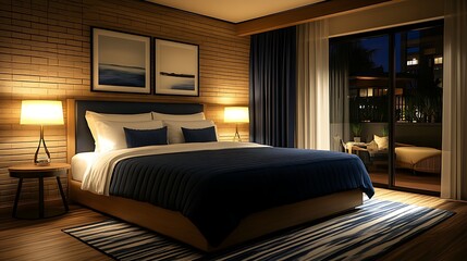 Cozy Modern Bedroom with Brick Wall and Warm Lighting