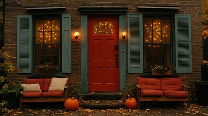 Cozy Autumn Evening at a Brick House with Red Door and String Lights