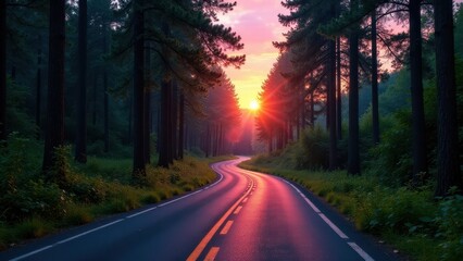 Obraz premium Scenic winding road through a lush forest at sunset, bathed in warm golden light, creating a breathtaking landscape