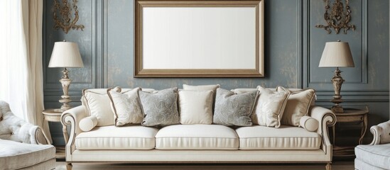 Elegant living room interior with a blank frame, beige sofa and decorative lamps
