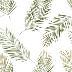 Jungle summer print. Watercolor seamless pattern with palm leaves  on white background. Hand drawn illustration