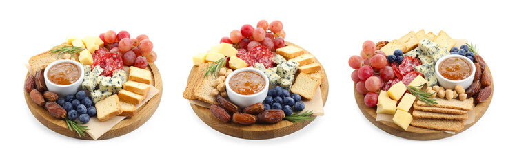 Different types of cut cheese and other snacks isolated on white, collage
