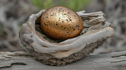 Nest with a unique golden spotted egg on driftwood during daylight