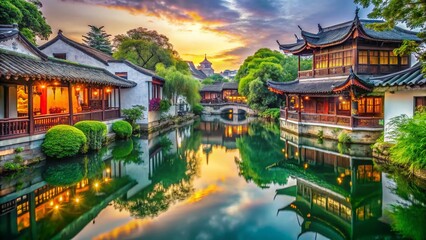 Obraz premium Serene Chinese Garden Architecture by Water, Shenyuan, Shaoxing, China - Stock Photo