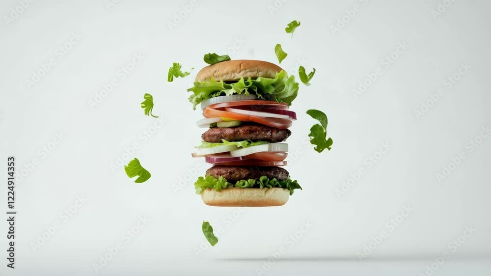 Poster freshly made double burger with flying lettuce, tomatoes, onions, and patty, levitating on a white b