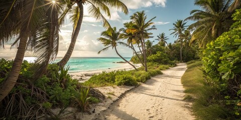 Obraz premium Serene Coastal Path: Walking Towards Tropical Paradise Beach