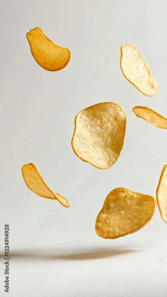 Poster Several golden potato chips are levitating against a minimalist white background, creating a visually appealing scene that emphasizes the texture and lightness of the snacks
