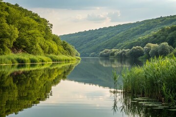 Fototapeta premium Serene Dniester River Tributary: Calm Waters & Lush Green Banks in Ukraine