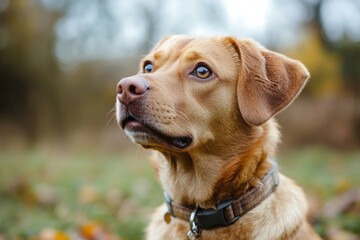 Golden retriever mix enjoying a peaceful moment outdoors during autumn