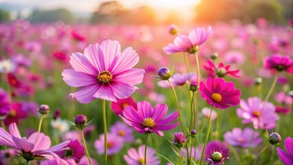 Obraz premium Cosmos flower field with vibrant pink and purple blooms, floral fields, botanical garden, floral fields
