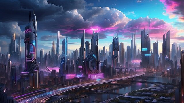 A digital illustration featuring a neon-lit cityscape with glowing lines forming a grid pattern.