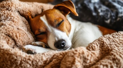 Obraz premium A Jack Russell Terrier sleeps soundly, nestled in a cozy, brown fleece blanket. Perfect for websites about pets, comfort, or relaxation.