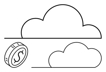 Outlined coin with dollar sign next to two overlapping cloud shapes. Ideal for finance, economy, cloud computing, savings, investments, technology, abstract line flat metaphor