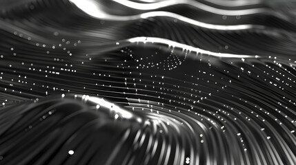 Abstract black and white waves with scattered light points creating a dynamic visual effect.